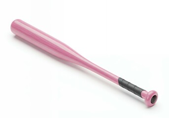 Fototapeta premium Pink wood baseball bat with textured black grip lying on white surface, pastel sports equipment diagonal angle shot