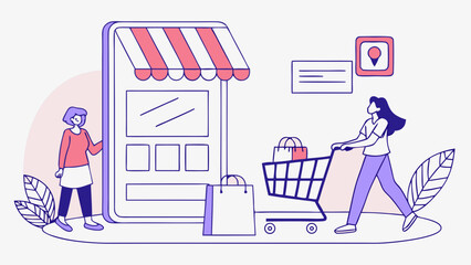 Online shopping concept with people and shopping cart