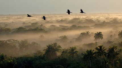 Verdant landscape with layers of trees under fog and 4 flying birds in hazy light