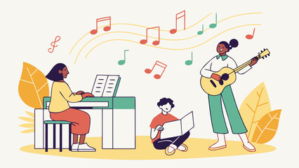 Diverse group of people enjoying music together with piano and guitar