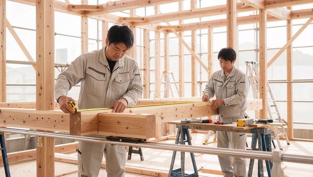 木造住宅の工事現場で働く人たち