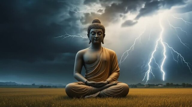 Buddha statue in the middle of a meadow with a background of lightning and black clouds. 4k videos