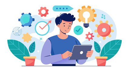 Man working on tablet with gears and lightbulb symbolizing innovation and productivity
