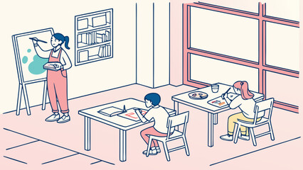 Art class with students painting and drawing at tables