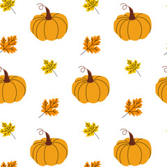 Fall pattern featuring orange pumpkins and yellow leaves on a white background creating a seasonal atmosphere