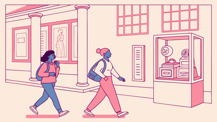 Two women walking past a museum exhibit and art display