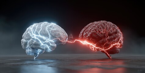 Two brains, opposing colors, electric energy