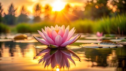 Pink Water Lily at Sunset — Serene Lotus Reflection