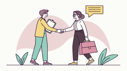 Two business people shaking hands with a speech bubble above them