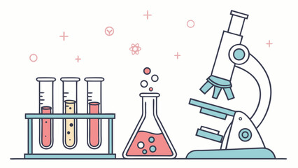 Flat design illustration of laboratory equipment with colorful liquids and bubbles