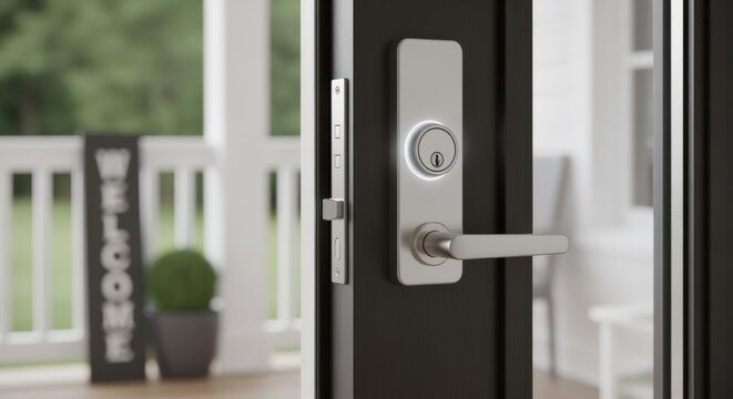 Wide shot of a modern front door fitted with a smart deadbolt highlighting sleek design and secure alignment for effortless user authorization.