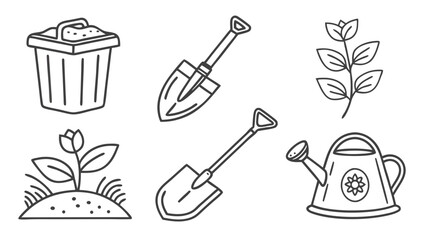 Collection of simple line art gardening tools and plants