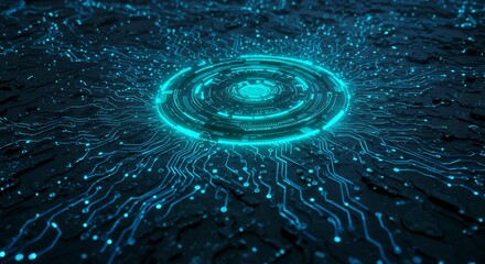 Bright glowing cyan holographic circular HUD interface with multiple concentric rings on circuit board landscape for advanced technology visualization