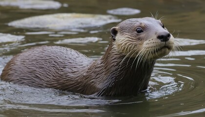 Otter swimming in murky water with its head above the surface looking to the right side so cute animal