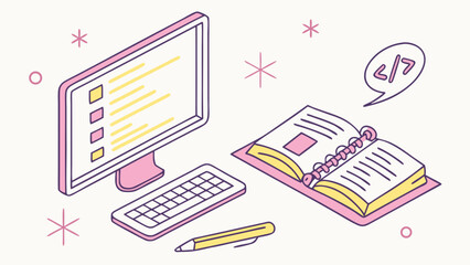 Isometric illustration of computer coding and note taking with a notebook and pencil