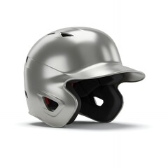 Fototapeta premium Silver metallic baseball batting helmet with glossy finish and black interior padding showing professional sports protective equipment with ear guard