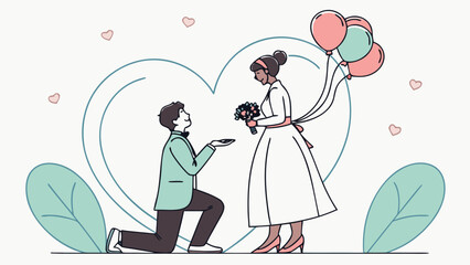 Man proposes to woman with flowers and balloons