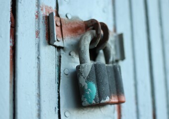 Locked metal gates fence and metal lock outdoor photo summer	
