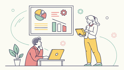 Business meeting with analytics presentation and team collaboration