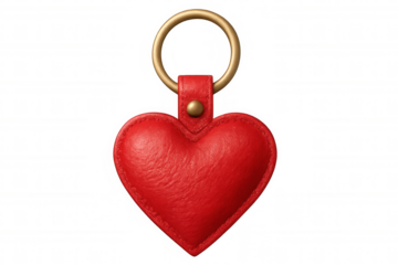 Red leather heart-shaped keychain dangling against transparent backdrop, representing romantic connection and emotional bond