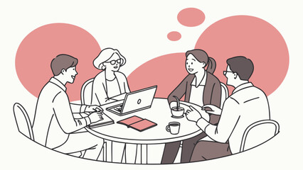 Diverse business team collaborating around a table with laptop and coffee