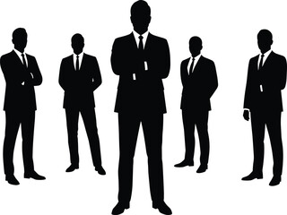 Businessman silhouette group, men in suits vector, professional male figures, confident business team, corporate leadership icons, black and white