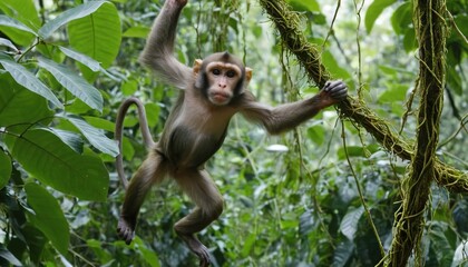 Monkey swinging from vines in a lush green forest with dense foliage and natural light coming through trees