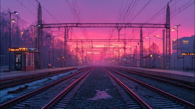 Pink sunrise over a train station platform
