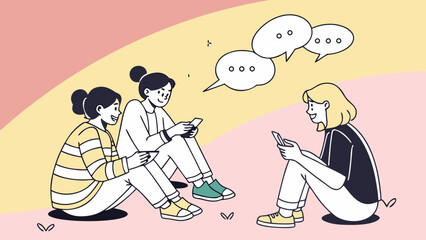 Three friends communicating and sharing messages on their mobile phones