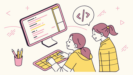 Two girls learning to code together on a computer