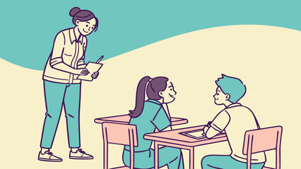 Teacher helping students at desks in a classroom setting