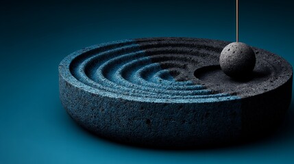 Naklejka premium Zen Garden Miniature with Orb and Wavy Pattern for Relaxation and Balance Symbolizing Harmony and Mindfulness, Ideal for Meditation or Stress Reduction Concept in a Mockup Still