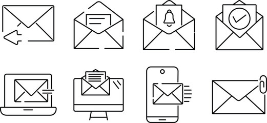 Mail & message Editable line stroke icon set. email vector icon set. Postal Letter, Mailbox, Email, Post Office, Envelope, Messaging. vector illustration
