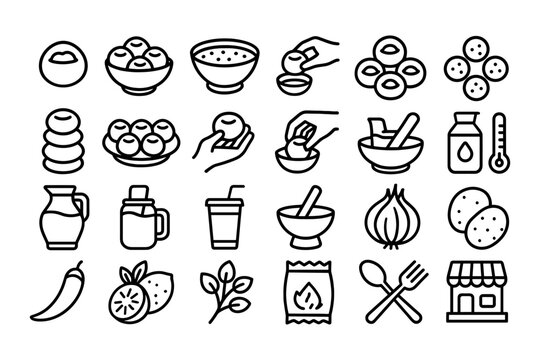Black and white line icons for indian cuisine elements