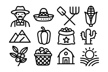 Linear farming icons collection featuring farmer, tools, and crops