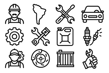 Obraz premium Essential car repair and maintenance icons in linear style set