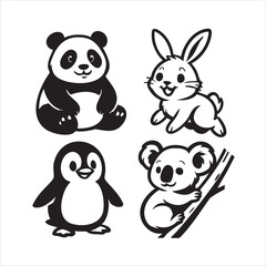 Black and white cartoon animal illustration set featuring panda, rabbit, penguin, and koala playful character graphics for kids’ designs