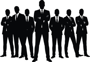 Businessmen group silhouette, confident men in suits vector, corporate team standing, leadership icons, professional male figures, black and white