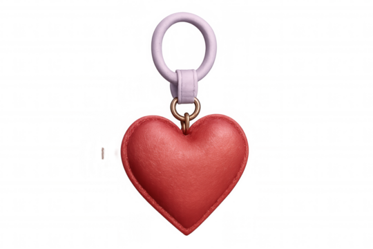 Red leather heart keychain dangling, transparent backdrop highlighting romantic accessory for commemorative celebrations