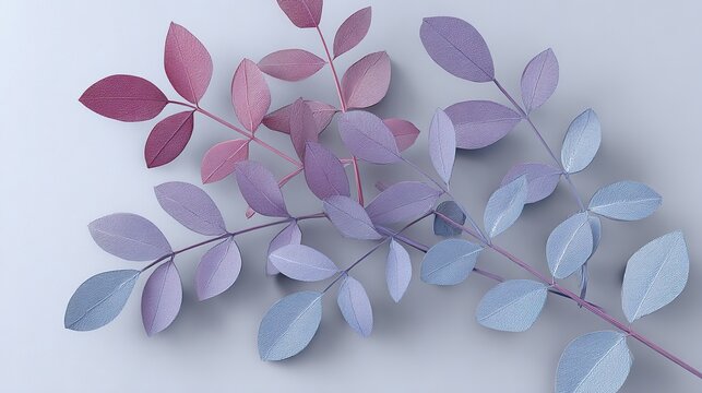Light purple and blue gradient leaves on a gray background, vector illustration of a branch with delicate flowers and long stems, ideal for simple floral decoration in design projects.