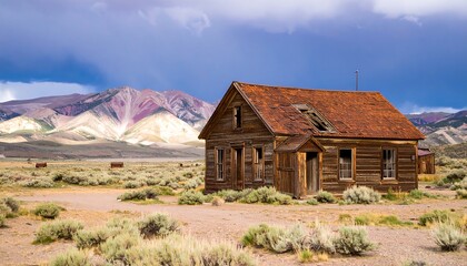Abandoned log cabin in a desert landscape