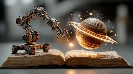 Futuristic Robotic Arm Crafting a Glowing Saturn Model Atop an Antique Book, a Symbolic Fusion of Technology and Knowledge, Mockup Element for Creative Tech Designs and