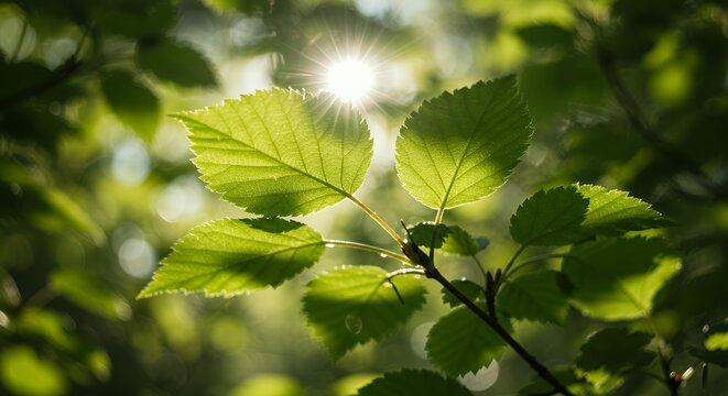 Fresh green leaves with sunlight streaming through branches in natural forest setting, spring foliage with bokeh background and lens flare