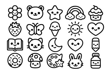 Cute kawaii icons collection featuring animals, food, and nature elements