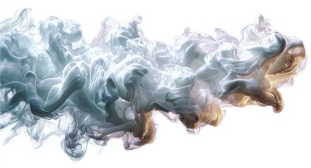 Abstract ink swirling in shades of gray, blue, and gold on white