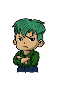 Cartoon illustration of a young person with green hair and a stern expression, arms crossed.