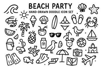 Beach party doodle icon set with summer elements and hand-drawn style