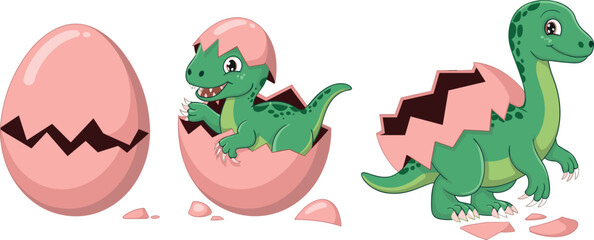 Cute cartoon dinosaur hatching from egg, baby dino in egg shell, prehistoric reptile clipart, vector illustration for kids
