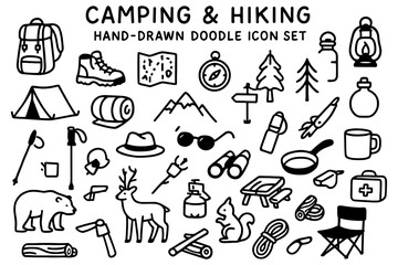 Camping and hiking essentials hand-drawn doodle icon set