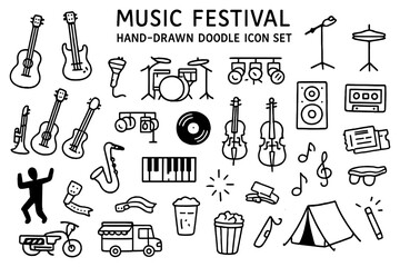Fototapeta premium Music festival doodle icon collection featuring instruments and concert elements